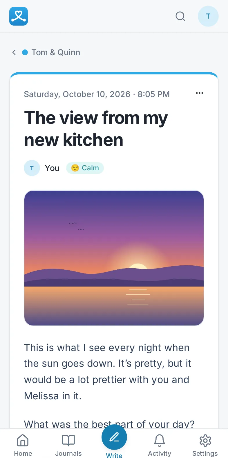 Tom’s entry with a photo of the sunset from his new kitchen window.