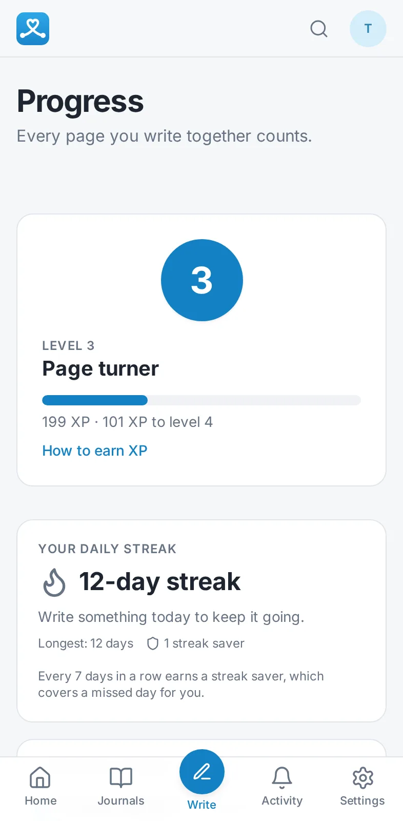 The Progress page: level 3, “Page turner,” and a 12-day streak.
