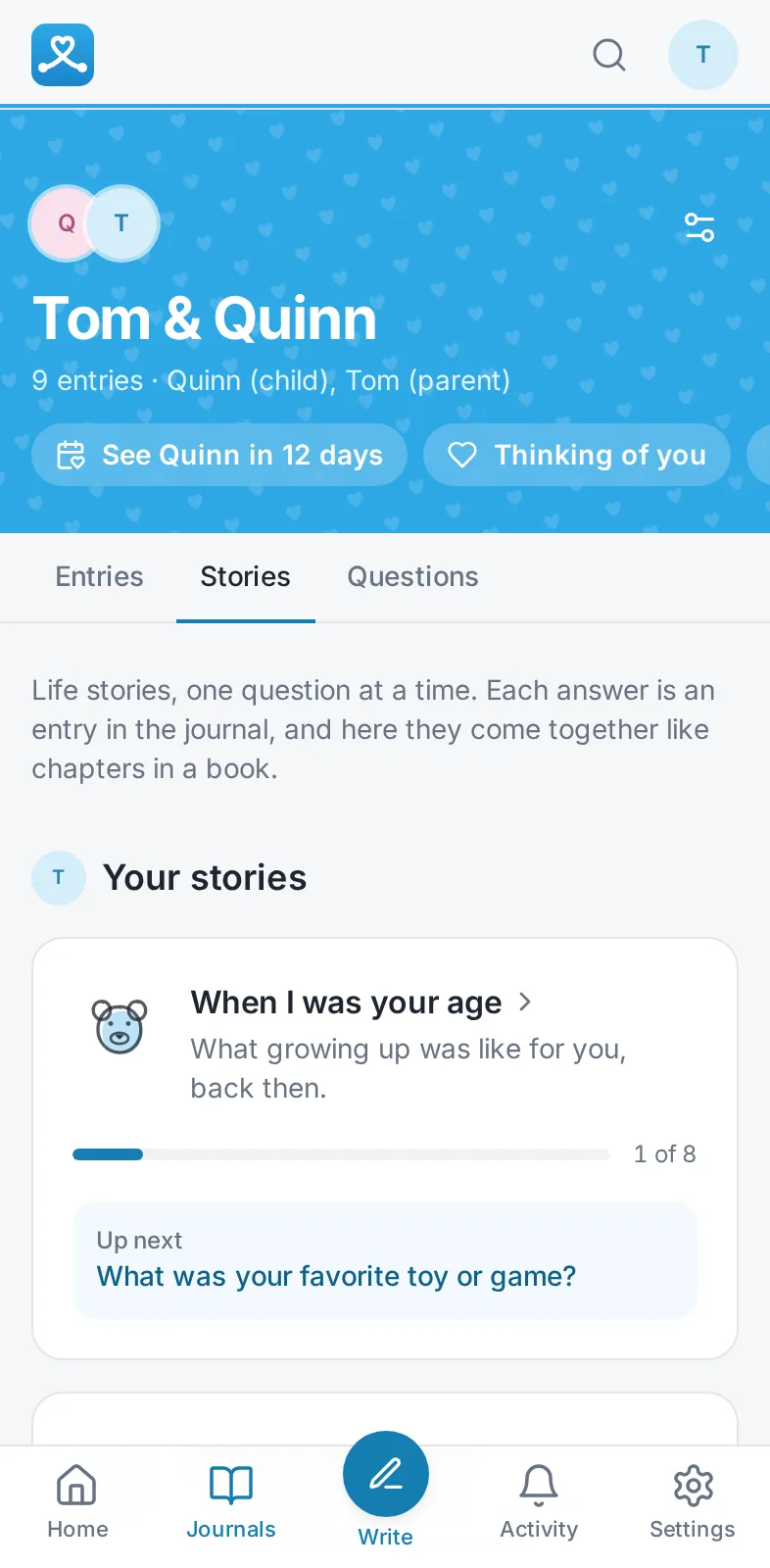 The Stories tab, with the “When I was your age” track and its next question.
